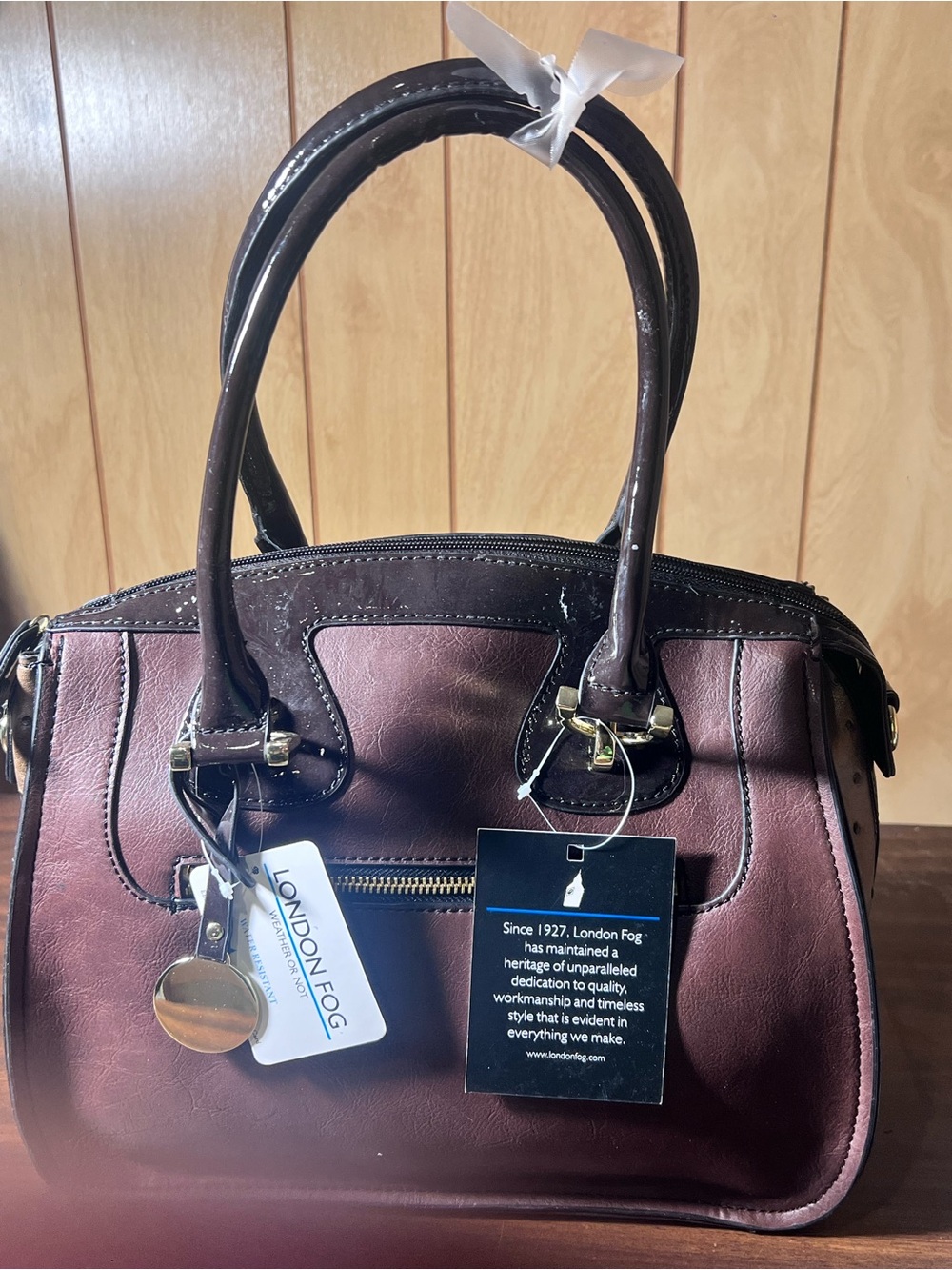 London Fog Burgundy and Dark Brown Satchel‎ with Gold Hardware